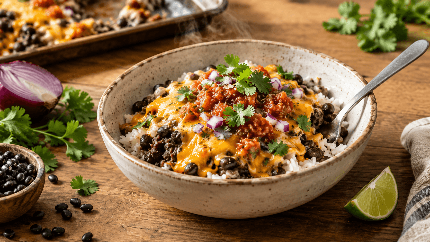 Simple Cheesy Bean and Rice Burrito Bowl